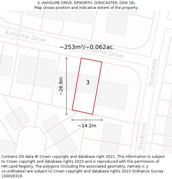 3, AXHOLME DRIVE, EPWORTH, DONCASTER, DN9 1EL: Plot and title map