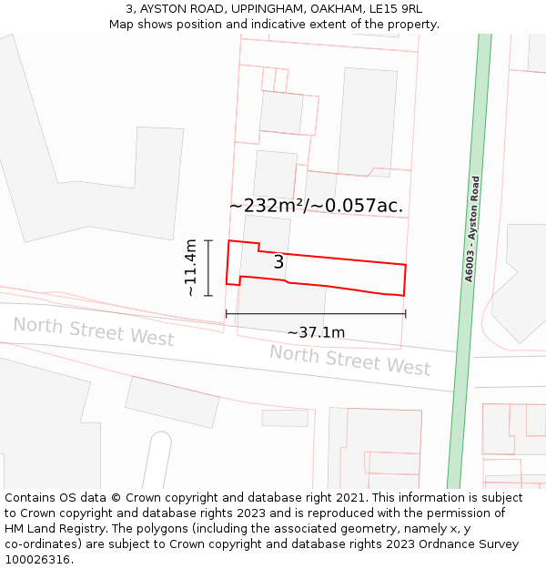 3, AYSTON ROAD, UPPINGHAM, OAKHAM, LE15 9RL: Plot and title map