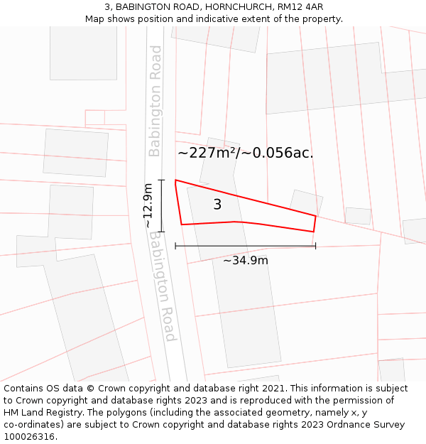 3, BABINGTON ROAD, HORNCHURCH, RM12 4AR: Plot and title map