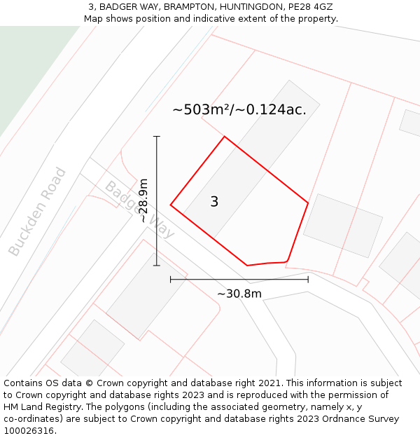 3, BADGER WAY, BRAMPTON, HUNTINGDON, PE28 4GZ: Plot and title map