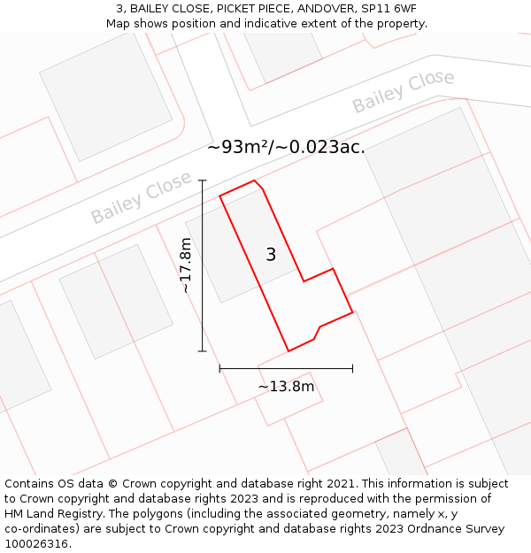 3, BAILEY CLOSE, PICKET PIECE, ANDOVER, SP11 6WF: Plot and title map
