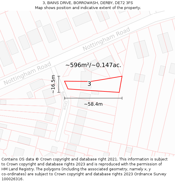 3, BAINS DRIVE, BORROWASH, DERBY, DE72 3FS: Plot and title map