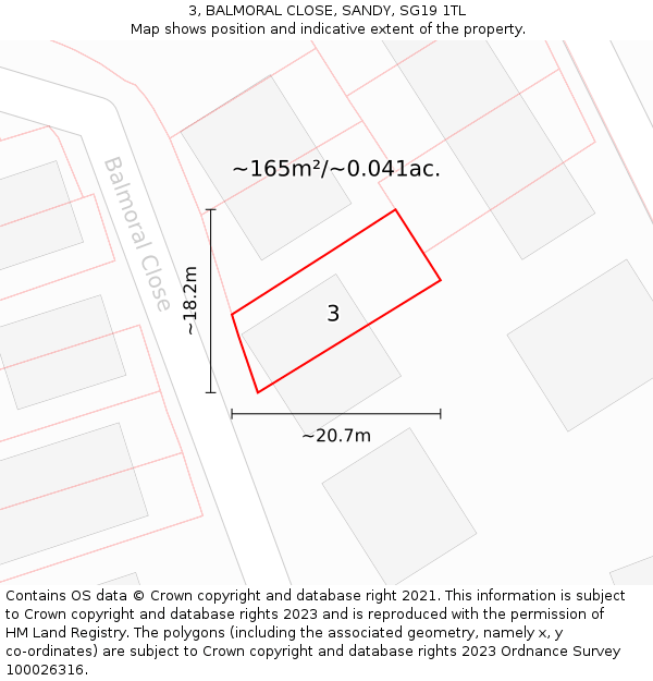 3, BALMORAL CLOSE, SANDY, SG19 1TL: Plot and title map