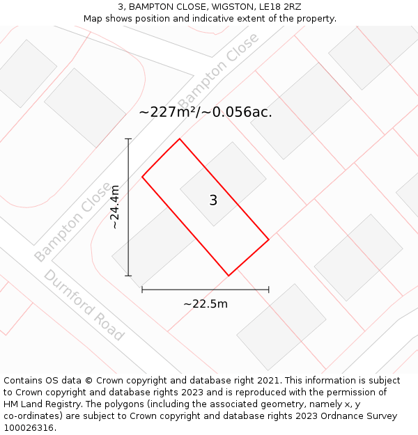 3, BAMPTON CLOSE, WIGSTON, LE18 2RZ: Plot and title map