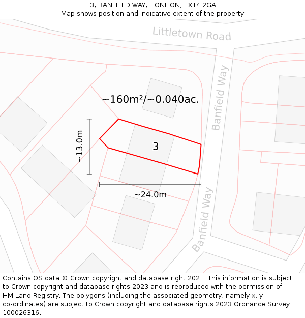 3, BANFIELD WAY, HONITON, EX14 2GA: Plot and title map