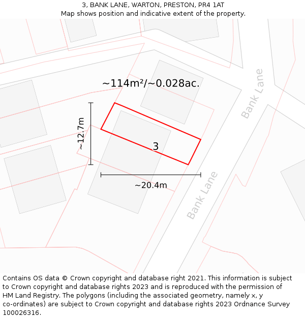 3, BANK LANE, WARTON, PRESTON, PR4 1AT: Plot and title map