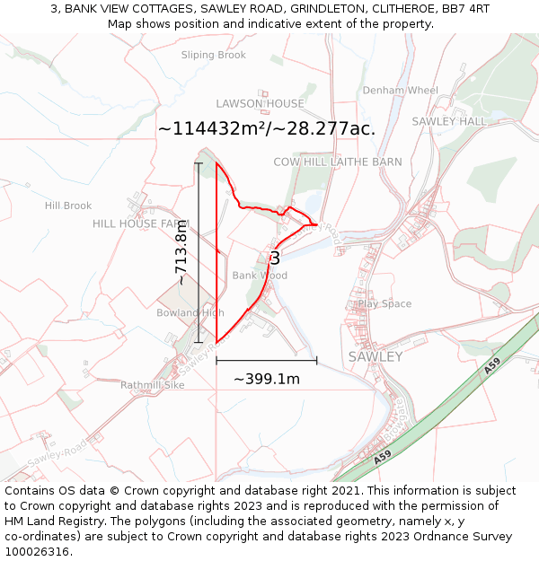 3, BANK VIEW COTTAGES, SAWLEY ROAD, GRINDLETON, CLITHEROE, BB7 4RT: Plot and title map