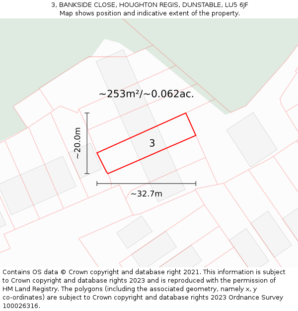 3, BANKSIDE CLOSE, HOUGHTON REGIS, DUNSTABLE, LU5 6JF: Plot and title map