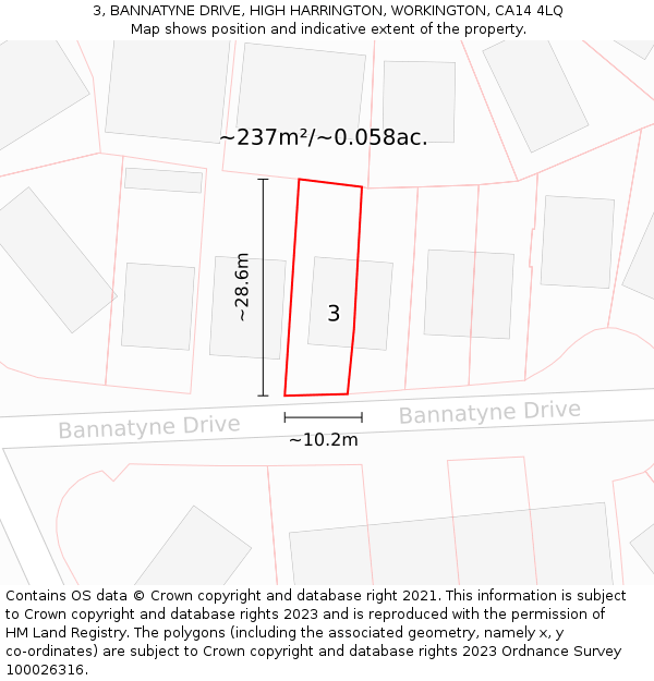 3, BANNATYNE DRIVE, HIGH HARRINGTON, WORKINGTON, CA14 4LQ: Plot and title map