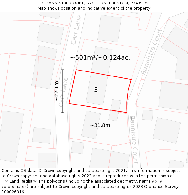 3, BANNISTRE COURT, TARLETON, PRESTON, PR4 6HA: Plot and title map