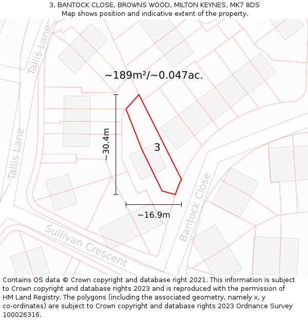 3, BANTOCK CLOSE, BROWNS WOOD, MILTON KEYNES, MK7 8DS: Plot and title map