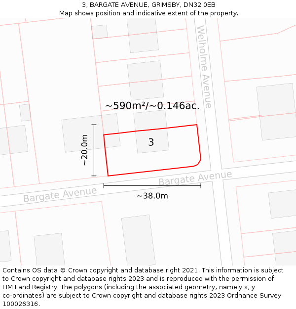 3, BARGATE AVENUE, GRIMSBY, DN32 0EB: Plot and title map