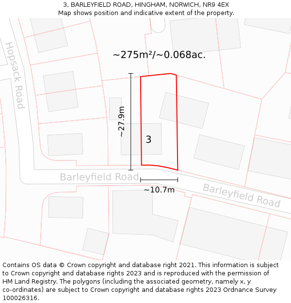 3, BARLEYFIELD ROAD, HINGHAM, NORWICH, NR9 4EX: Plot and title map