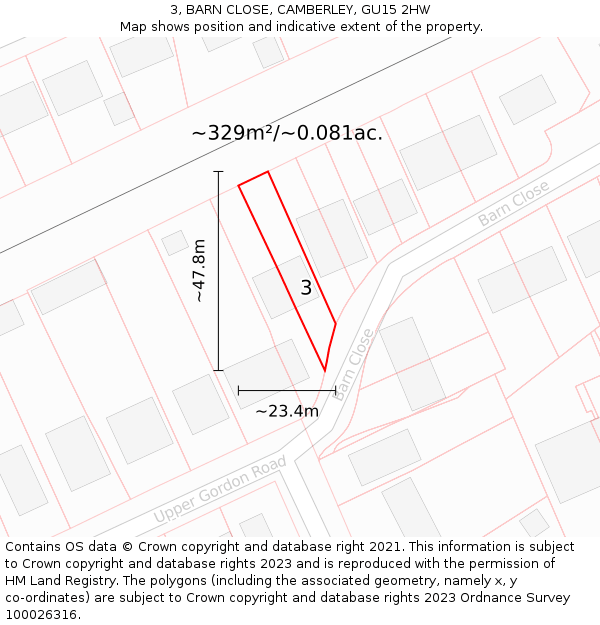 3, BARN CLOSE, CAMBERLEY, GU15 2HW: Plot and title map