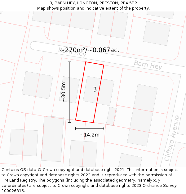 3, BARN HEY, LONGTON, PRESTON, PR4 5BP: Plot and title map
