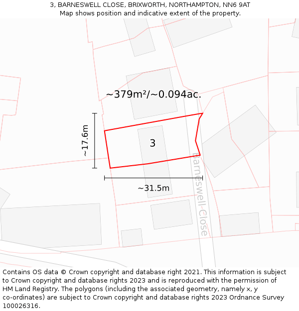 3, BARNESWELL CLOSE, BRIXWORTH, NORTHAMPTON, NN6 9AT: Plot and title map