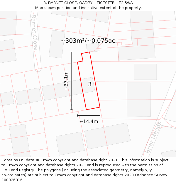 3, BARNET CLOSE, OADBY, LEICESTER, LE2 5WA: Plot and title map