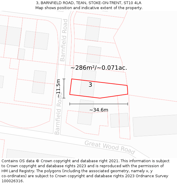 3, BARNFIELD ROAD, TEAN, STOKE-ON-TRENT, ST10 4LA: Plot and title map