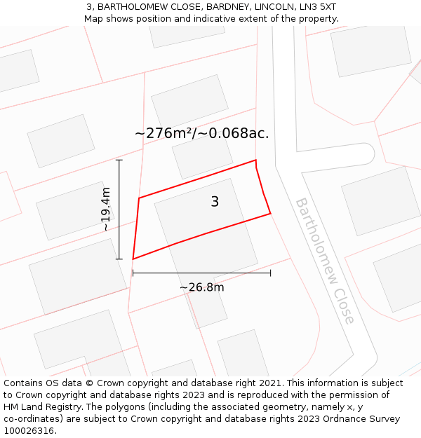 3, BARTHOLOMEW CLOSE, BARDNEY, LINCOLN, LN3 5XT: Plot and title map