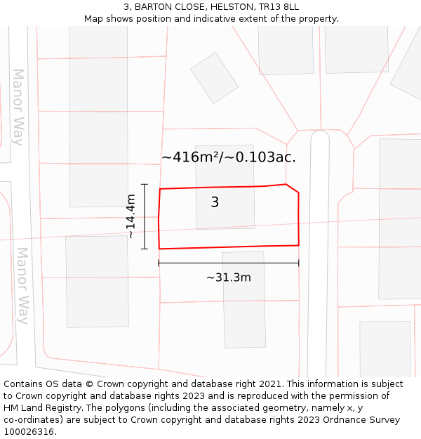 3, BARTON CLOSE, HELSTON, TR13 8LL: Plot and title map