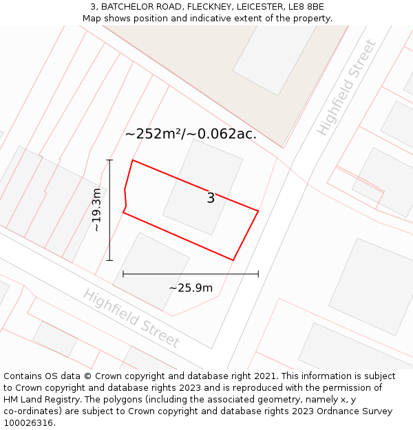 3, BATCHELOR ROAD, FLECKNEY, LEICESTER, LE8 8BE: Plot and title map