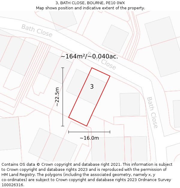 3, BATH CLOSE, BOURNE, PE10 0WX: Plot and title map