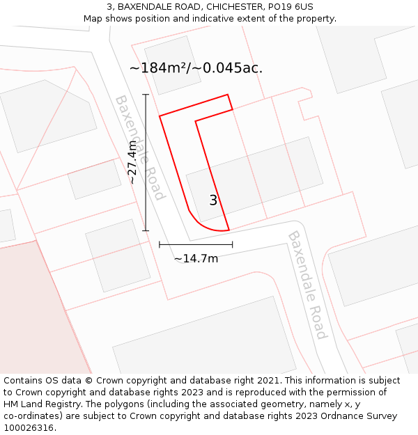 3, BAXENDALE ROAD, CHICHESTER, PO19 6US: Plot and title map