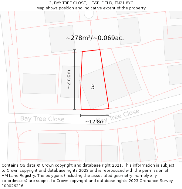 3, BAY TREE CLOSE, HEATHFIELD, TN21 8YG: Plot and title map
