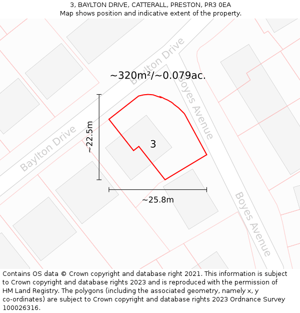 3, BAYLTON DRIVE, CATTERALL, PRESTON, PR3 0EA: Plot and title map