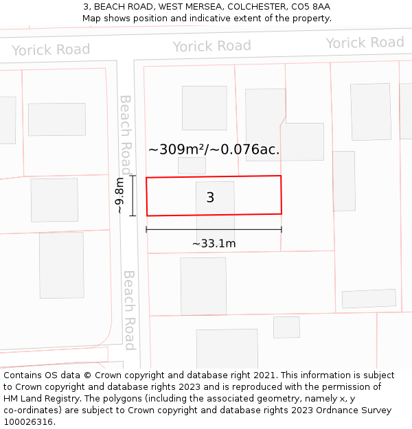 3, BEACH ROAD, WEST MERSEA, COLCHESTER, CO5 8AA: Plot and title map
