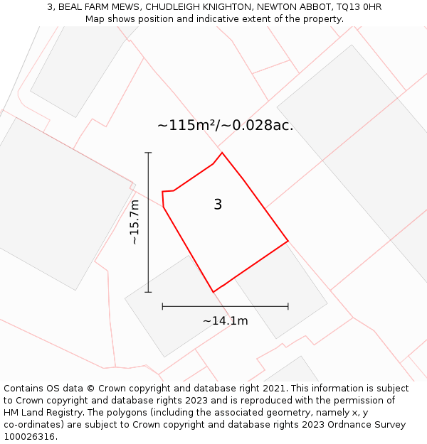 3, BEAL FARM MEWS, CHUDLEIGH KNIGHTON, NEWTON ABBOT, TQ13 0HR: Plot and title map