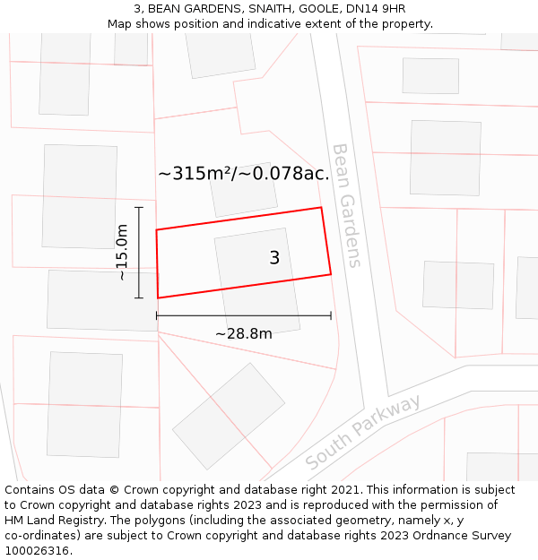 3, BEAN GARDENS, SNAITH, GOOLE, DN14 9HR: Plot and title map