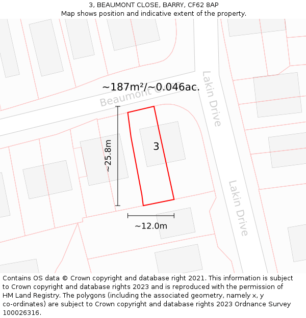 3, BEAUMONT CLOSE, BARRY, CF62 8AP: Plot and title map