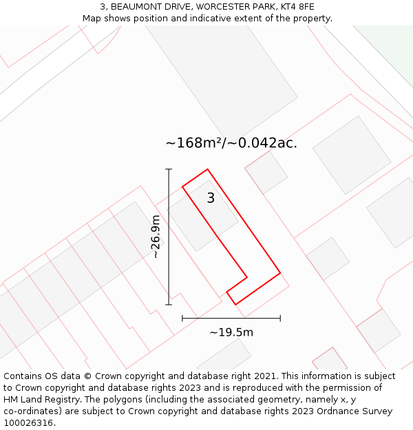 3, BEAUMONT DRIVE, WORCESTER PARK, KT4 8FE: Plot and title map