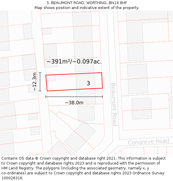 3, BEAUMONT ROAD, WORTHING, BN14 8HF: Plot and title map