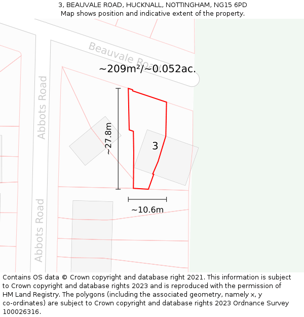 3, BEAUVALE ROAD, HUCKNALL, NOTTINGHAM, NG15 6PD: Plot and title map
