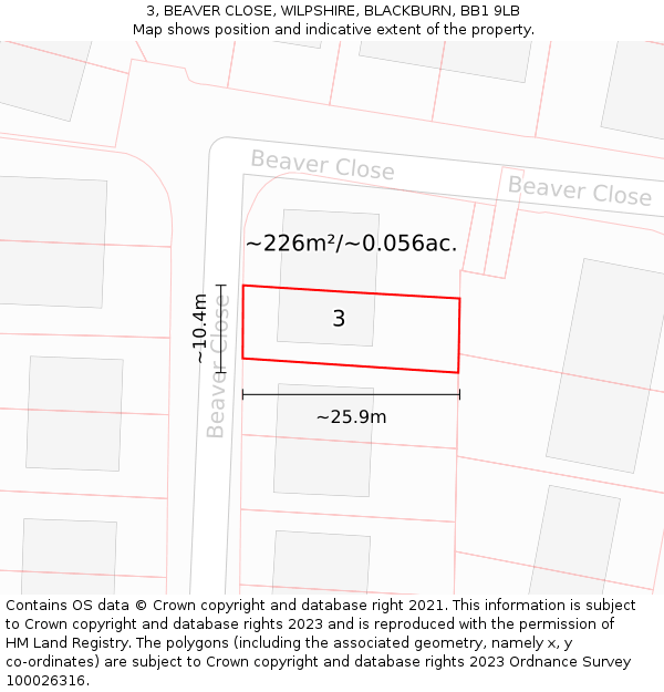 3, BEAVER CLOSE, WILPSHIRE, BLACKBURN, BB1 9LB: Plot and title map