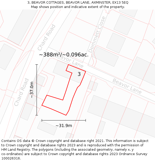 3, BEAVOR COTTAGES, BEAVOR LANE, AXMINSTER, EX13 5EQ: Plot and title map
