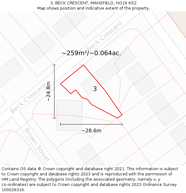 3, BECK CRESCENT, MANSFIELD, NG19 6SZ: Plot and title map