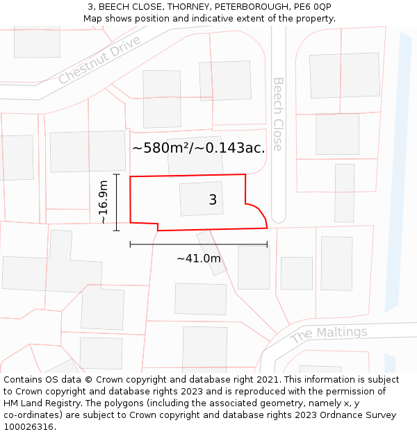 3, BEECH CLOSE, THORNEY, PETERBOROUGH, PE6 0QP: Plot and title map