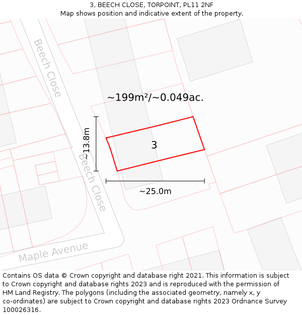 3, BEECH CLOSE, TORPOINT, PL11 2NF: Plot and title map