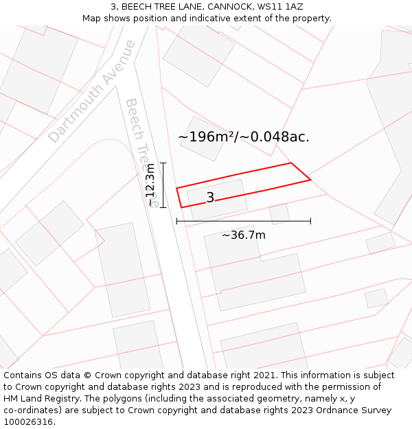 3, BEECH TREE LANE, CANNOCK, WS11 1AZ: Plot and title map