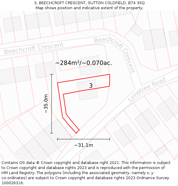 3, BEECHCROFT CRESCENT, SUTTON COLDFIELD, B74 3SQ: Plot and title map