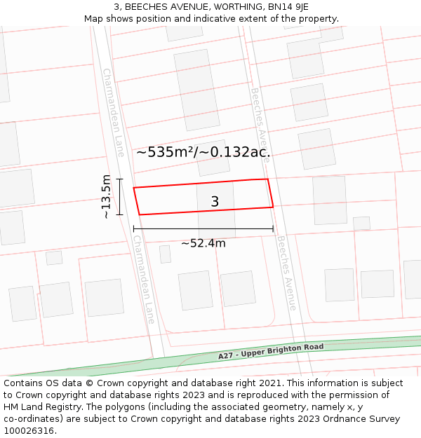 3, BEECHES AVENUE, WORTHING, BN14 9JE: Plot and title map