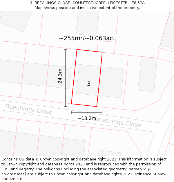 3, BEECHINGS CLOSE, COUNTESTHORPE, LEICESTER, LE8 5PA: Plot and title map