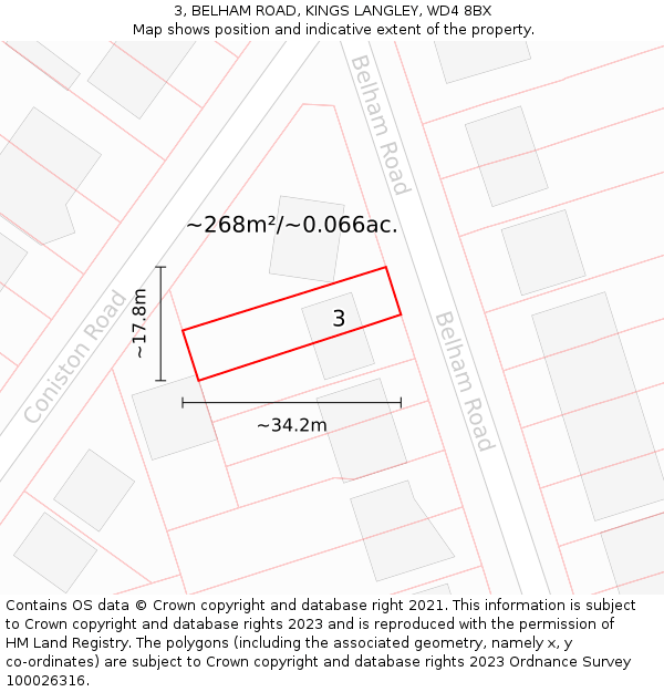 3, BELHAM ROAD, KINGS LANGLEY, WD4 8BX: Plot and title map