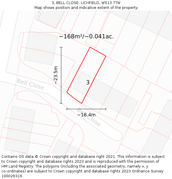 3, BELL CLOSE, LICHFIELD, WS13 7TW: Plot and title map