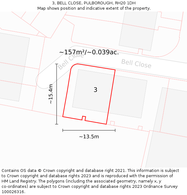 3, BELL CLOSE, PULBOROUGH, RH20 1DH: Plot and title map