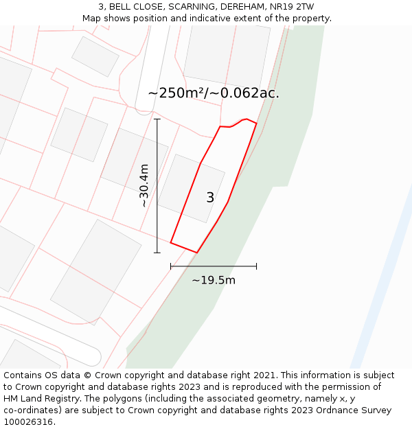 3, BELL CLOSE, SCARNING, DEREHAM, NR19 2TW: Plot and title map