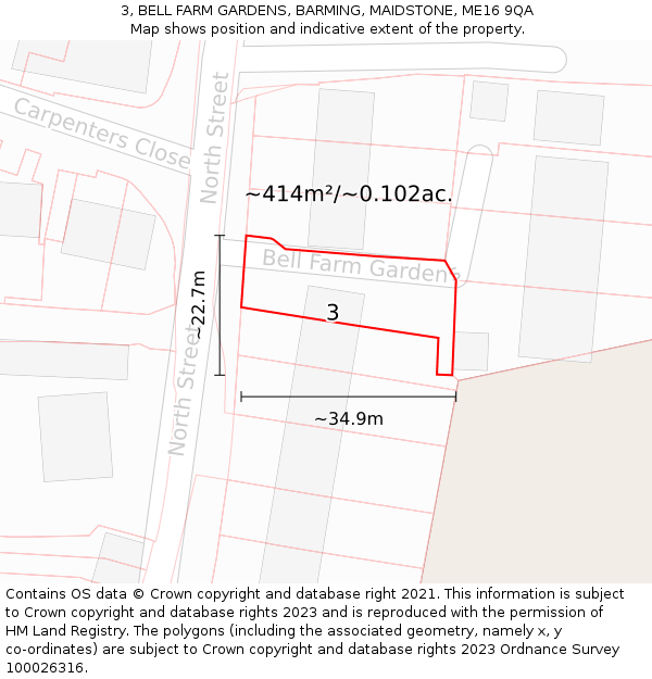 3, BELL FARM GARDENS, BARMING, MAIDSTONE, ME16 9QA: Plot and title map